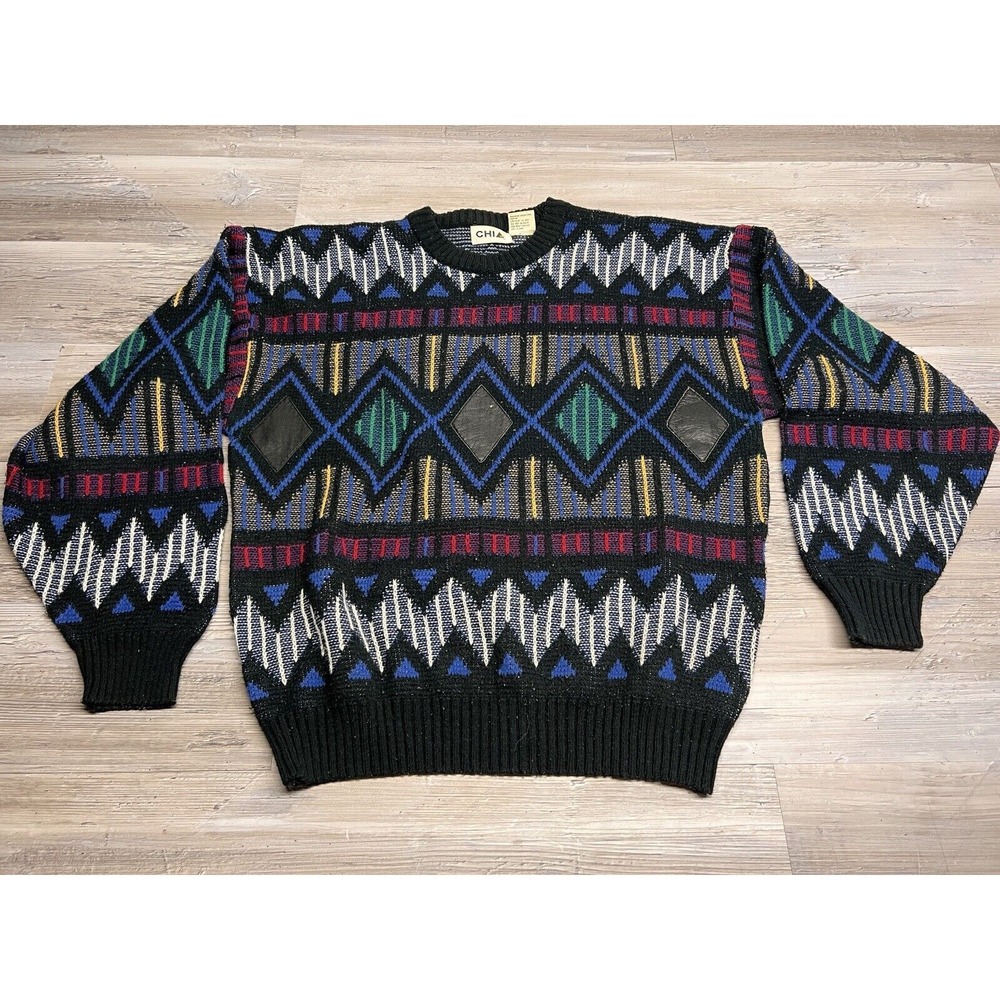 Vintage CHIA Sweater XL Multicolor Geometric Knit Crewneck Grandpa Pullover